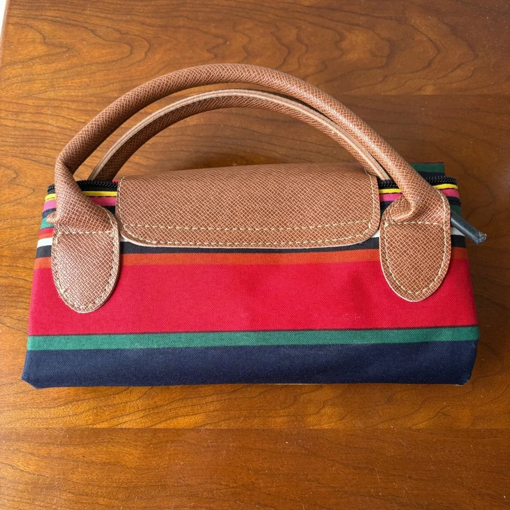 Foldable Travel Large Tote Bag Colorful‎ Striped Nylon Leather Trim
